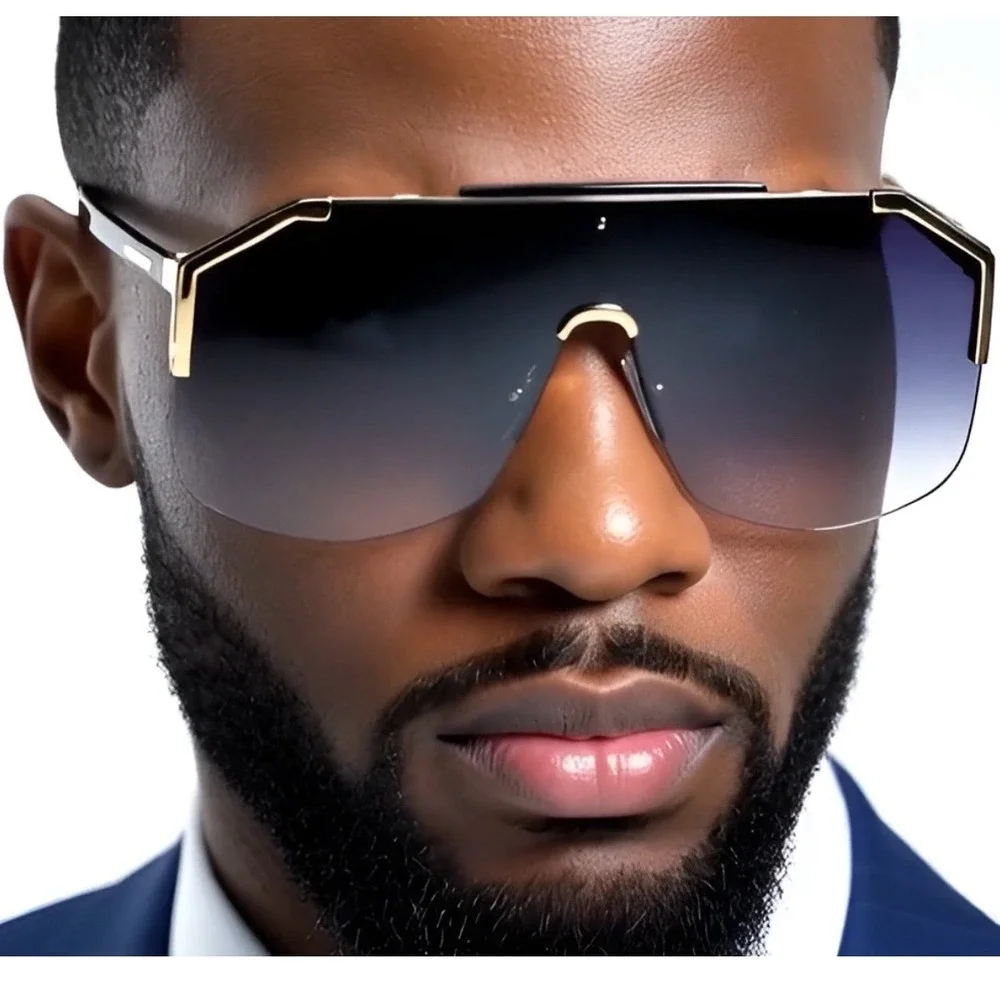 Mens Shield Sunglasses Gold Trim‎ Oversized Rimless Gradient Lens Hip Hop Cholo